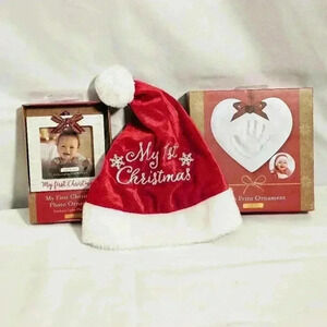 🛑 NIB kate & milo Baby's First Christmas Print Photo Ornaments LOT w/Bonus Hat